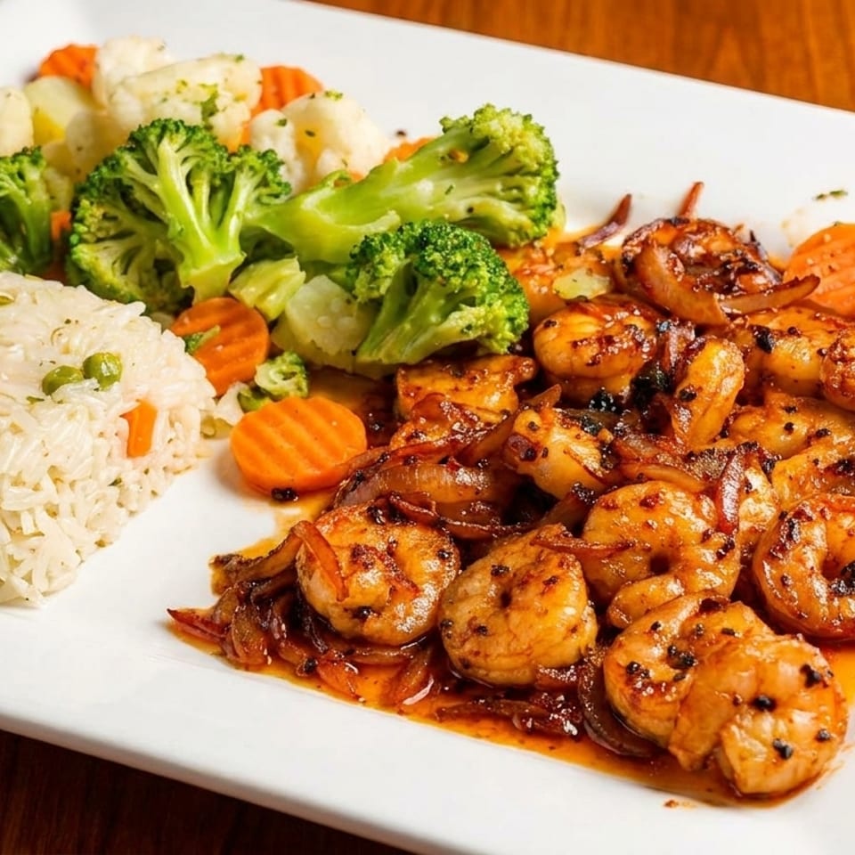 A white plate with seasoned shrimp and onions, rice pilaf, and steamed broccoli, cauliflower, and carrots.