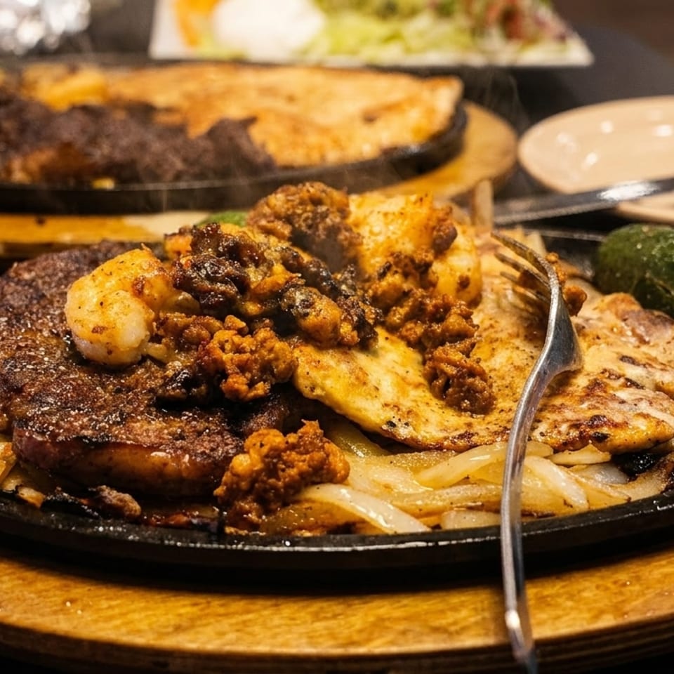 Sizzling fajitas with steak, chicken, shrimp, chorizo, onions, and a jalapeño on a hot plate.