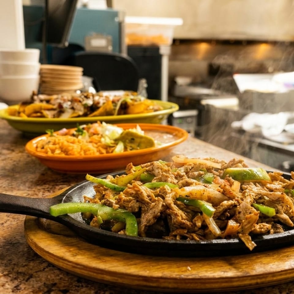 Sizzling fajitas with peppers and onions in a cast iron skillet, with other Mexican dishes.