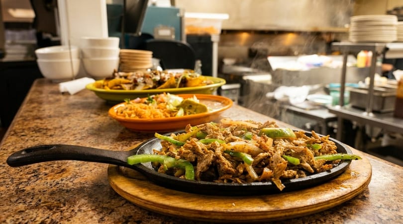 Sizzling fajitas with peppers and onions in a cast iron skillet, with other Mexican dishes.