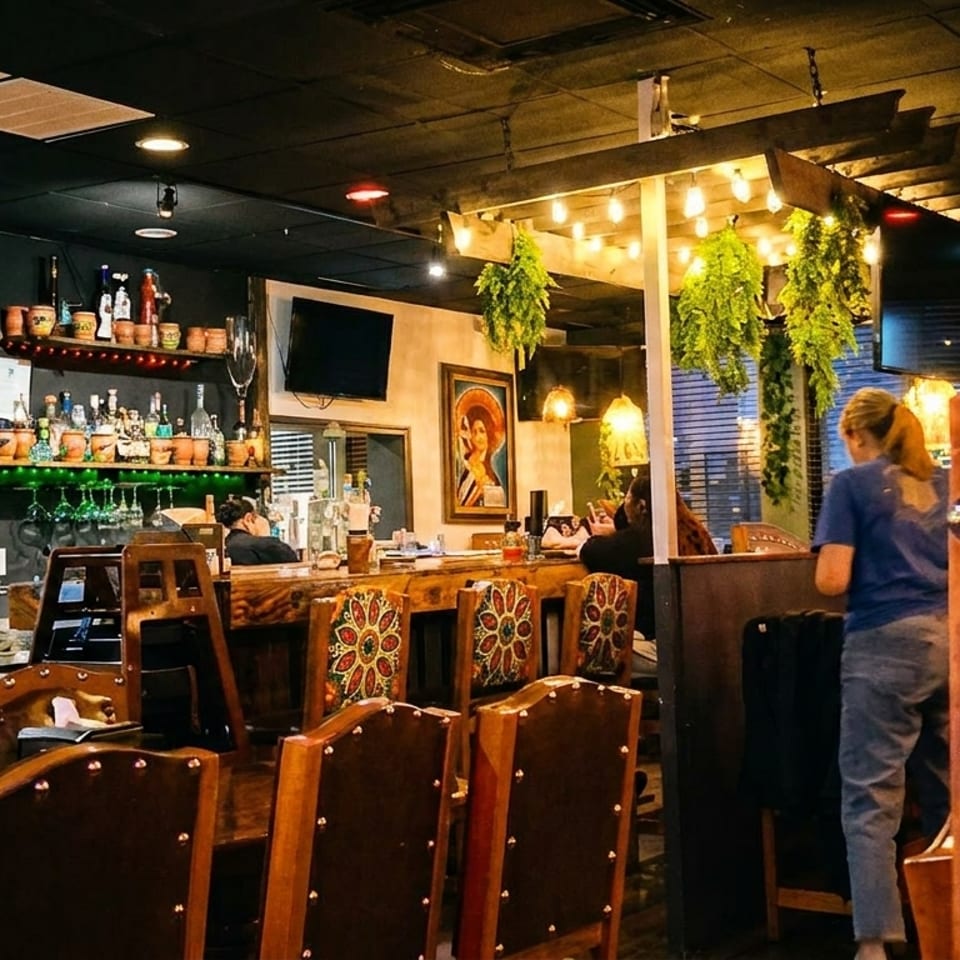 A restaurant interior with a bar area, patrons, and decorative plants hanging from the ceiling.