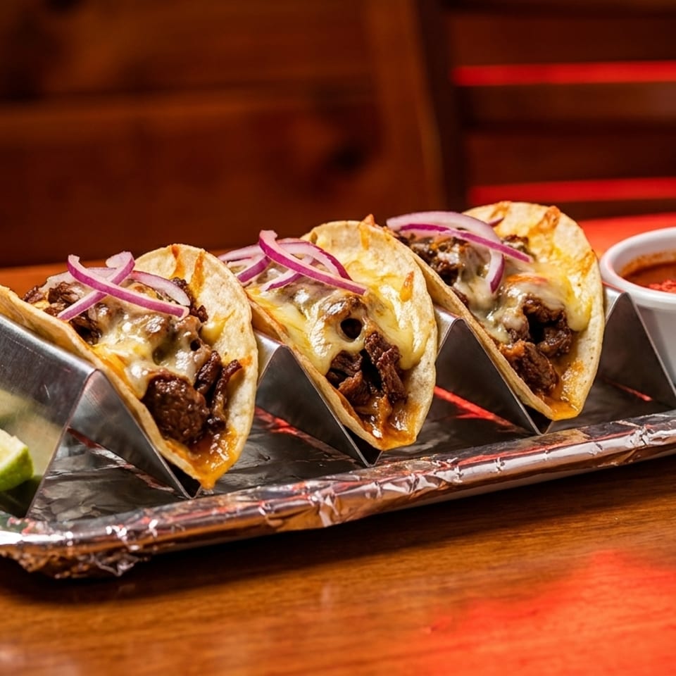 Three cheesy beef tacos with red onions, lime wedges, and a side of red sauce on a wooden table.