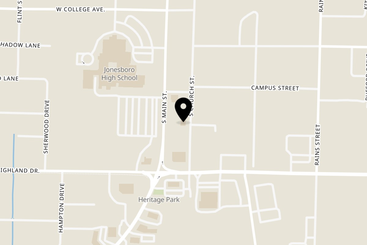 Map showing the location of El Patron Mexican Bar & Grill on 1820 S Main St in Jonesboro